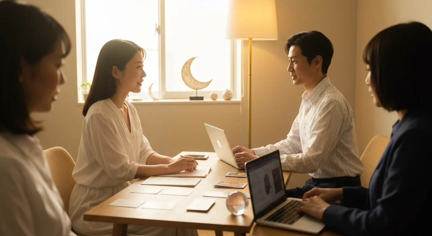 静かな相談室で、ノートとタロットカードを並べて内容を確認している鑑定の様子